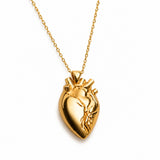 A gold anatomical heart pendant necklace on a delicate gold chain, shown against a plain white background.